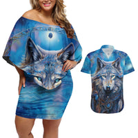 Beautiful Native American Wolf Couples Matching Off Shoulder Short Dress and Hawaiian Shirt Galaxy Art - Wonder Print Shop
