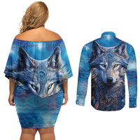 Beautiful Native American Wolf Couples Matching Off Shoulder Short Dress and Long Sleeve Button Shirt Galaxy Art - Wonder Print Shop