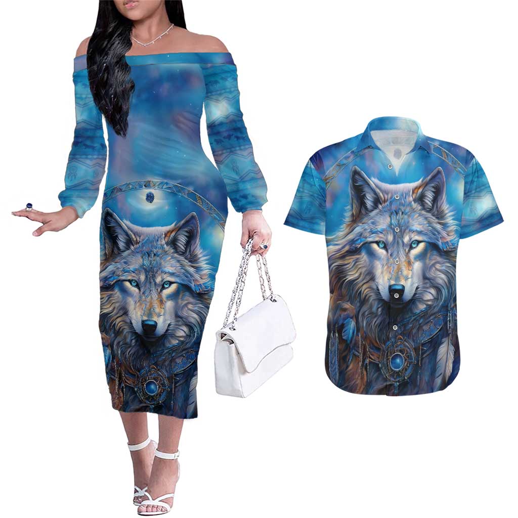 Beautiful Native American Wolf Couples Matching Off The Shoulder Long Sleeve Dress and Hawaiian Shirt Galaxy Art - Wonder Print Shop