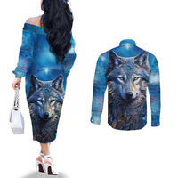 Beautiful Native American Wolf Couples Matching Off The Shoulder Long Sleeve Dress and Long Sleeve Button Shirt Galaxy Art