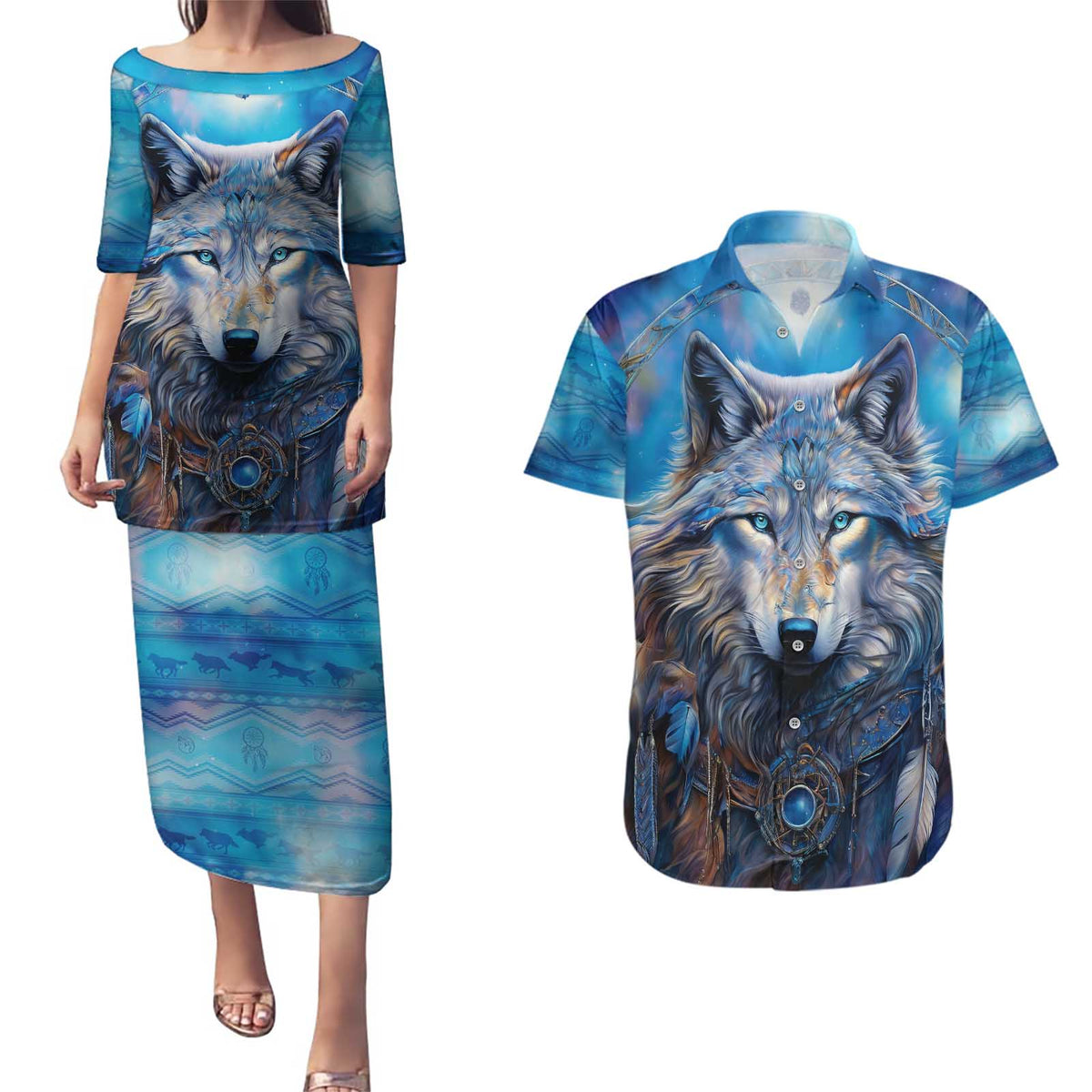 Beautiful Native American Wolf Couples Matching Puletasi and Hawaiian Shirt Galaxy Art - Wonder Print Shop