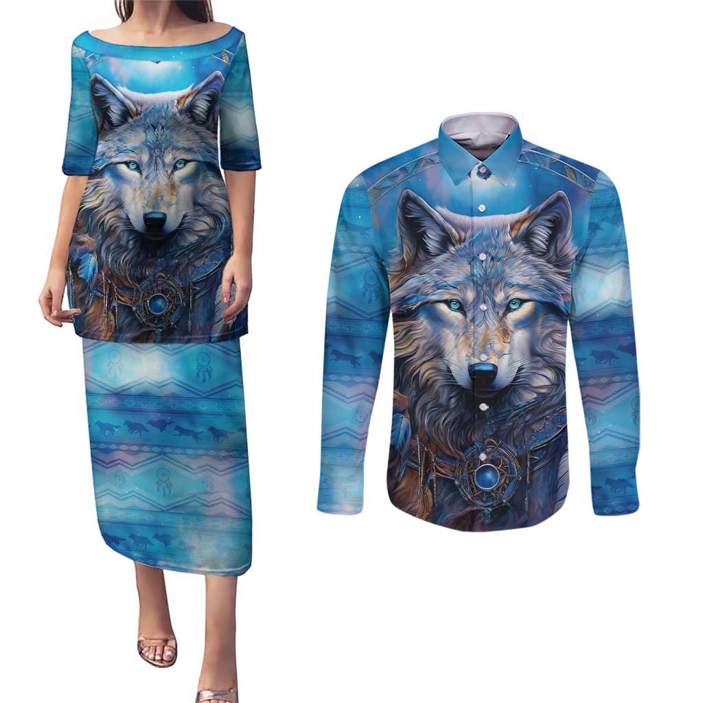 Beautiful Native American Wolf Couples Matching Puletasi and Long Sleeve Button Shirt Galaxy Art - Wonder Print Shop