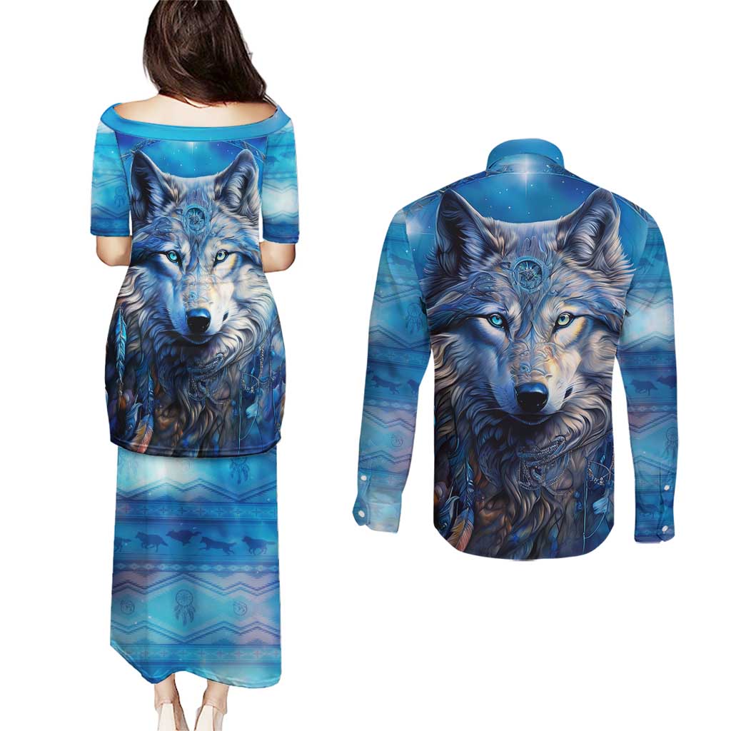 Beautiful Native American Wolf Couples Matching Puletasi and Long Sleeve Button Shirt Galaxy Art - Wonder Print Shop