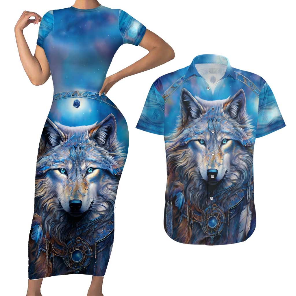 Beautiful Native American Wolf Couples Matching Short Sleeve Bodycon Dress and Hawaiian Shirt Galaxy Art - Wonder Print Shop