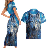 Beautiful Native American Wolf Couples Matching Short Sleeve Bodycon Dress and Hawaiian Shirt Galaxy Art - Wonder Print Shop