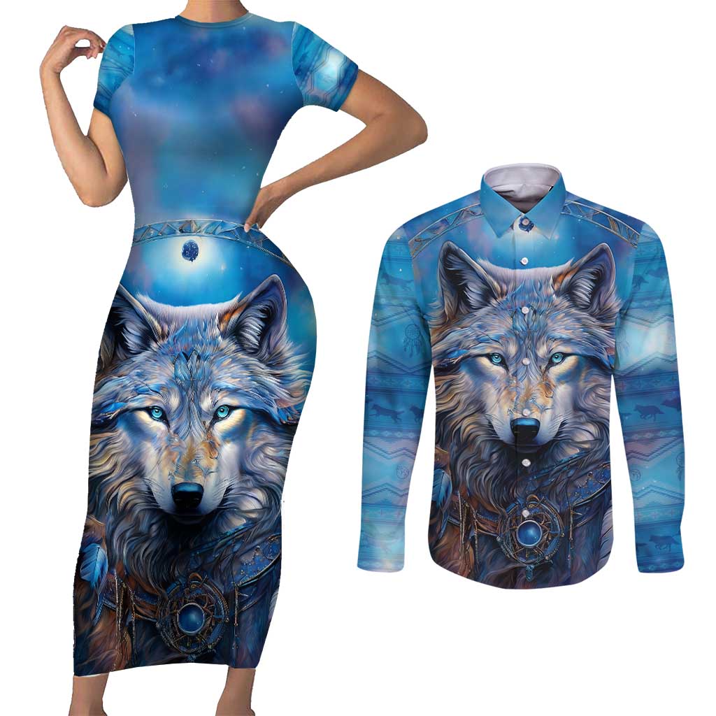 Beautiful Native American Wolf Couples Matching Short Sleeve Bodycon Dress and Long Sleeve Button Shirt Galaxy Art - Wonder Print Shop