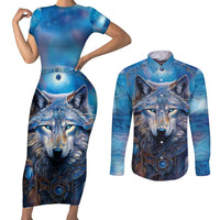 Beautiful Native American Wolf Couples Matching Short Sleeve Bodycon Dress and Long Sleeve Button Shirt Galaxy Art - Wonder Print Shop