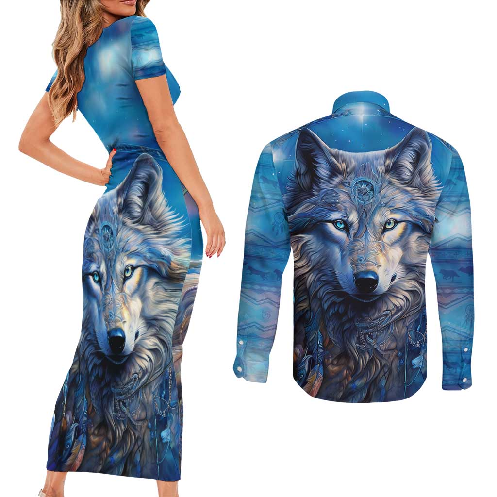 Beautiful Native American Wolf Couples Matching Short Sleeve Bodycon Dress and Long Sleeve Button Shirt Galaxy Art - Wonder Print Shop