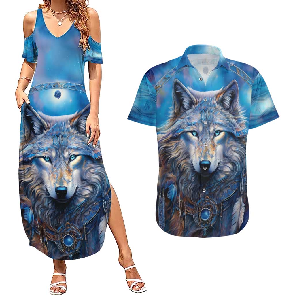 Beautiful Native American Wolf Couples Matching Summer Maxi Dress and Hawaiian Shirt Galaxy Art - Wonder Print Shop