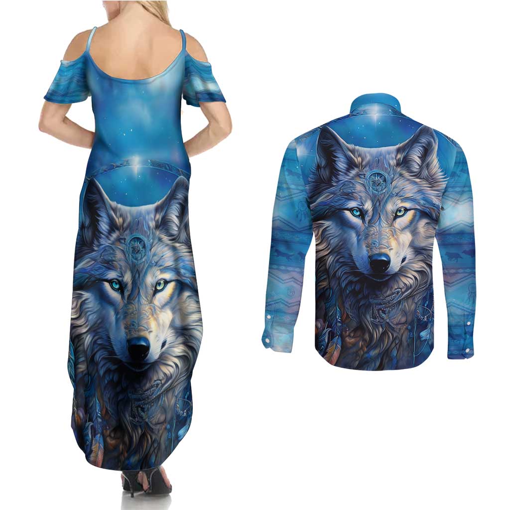 Beautiful Native American Wolf Couples Matching Summer Maxi Dress and Long Sleeve Button Shirt Galaxy Art - Wonder Print Shop