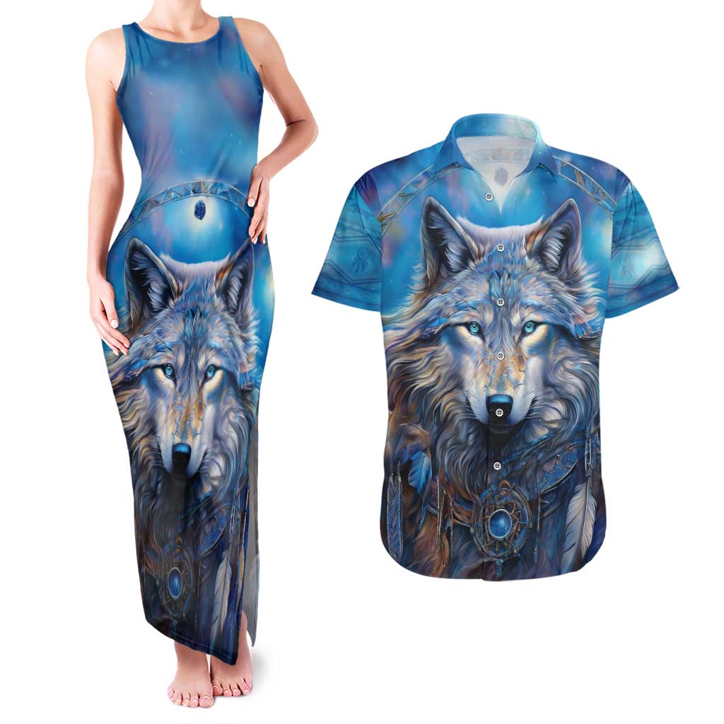 Beautiful Native American Wolf Couples Matching Tank Maxi Dress and Hawaiian Shirt Galaxy Art - Wonder Print Shop