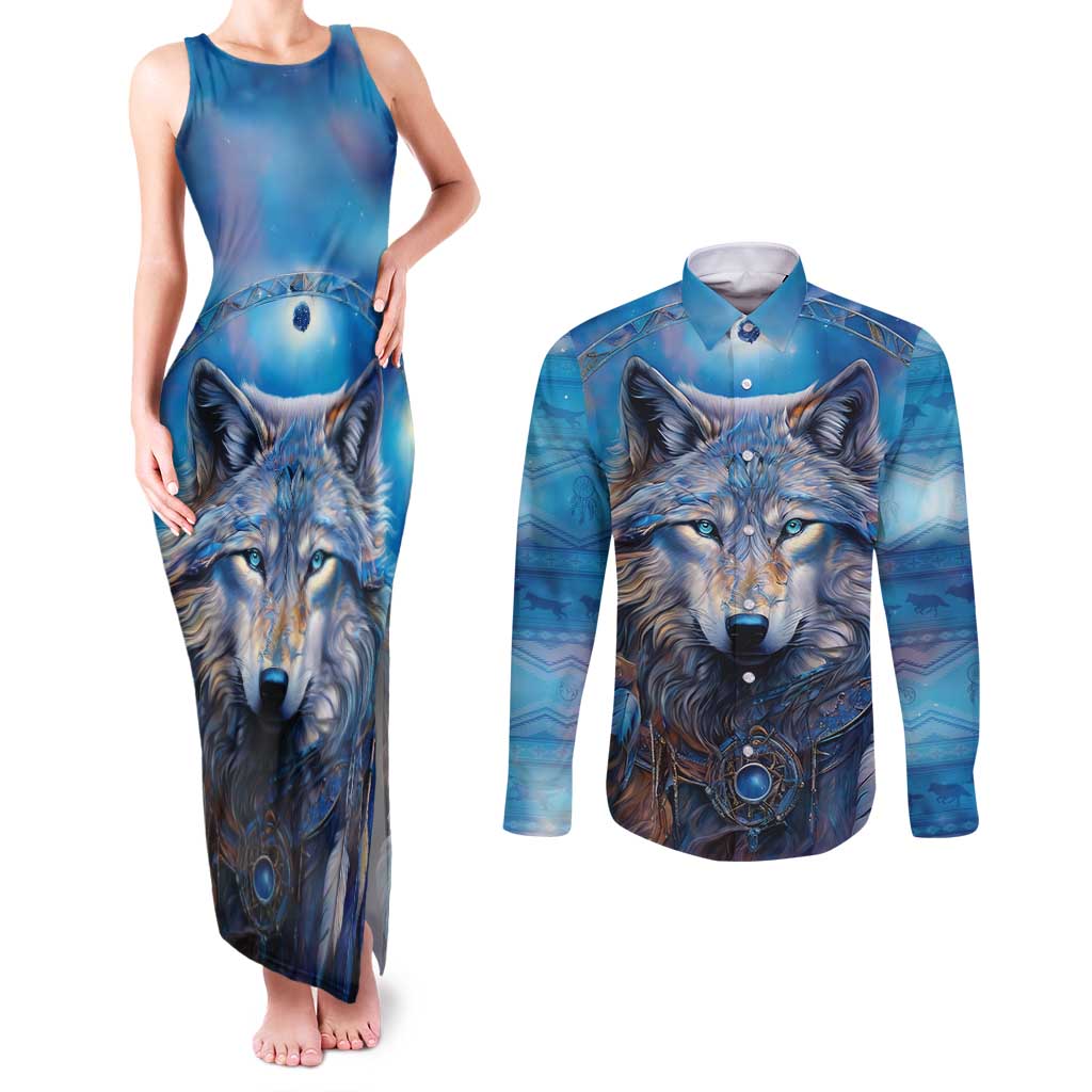 Beautiful Native American Wolf Couples Matching Tank Maxi Dress and Long Sleeve Button Shirt Galaxy Art - Wonder Print Shop