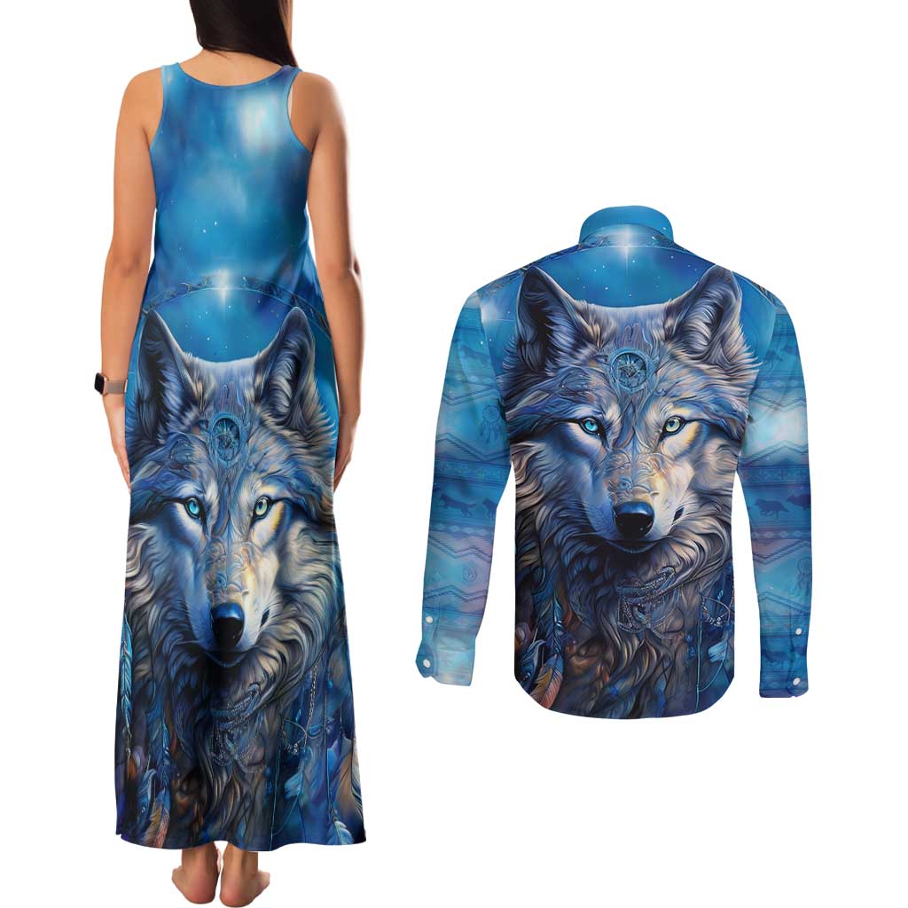 Beautiful Native American Wolf Couples Matching Tank Maxi Dress and Long Sleeve Button Shirt Galaxy Art - Wonder Print Shop
