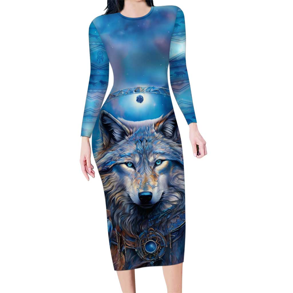 Beautiful Native American Wolf Family Matching Long Sleeve Bodycon Dress and Hawaiian Shirt Galaxy Art - Wonder Print Shop
