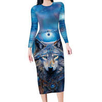 Beautiful Native American Wolf Family Matching Long Sleeve Bodycon Dress and Hawaiian Shirt Galaxy Art - Wonder Print Shop