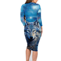 Beautiful Native American Wolf Family Matching Long Sleeve Bodycon Dress and Hawaiian Shirt Galaxy Art - Wonder Print Shop