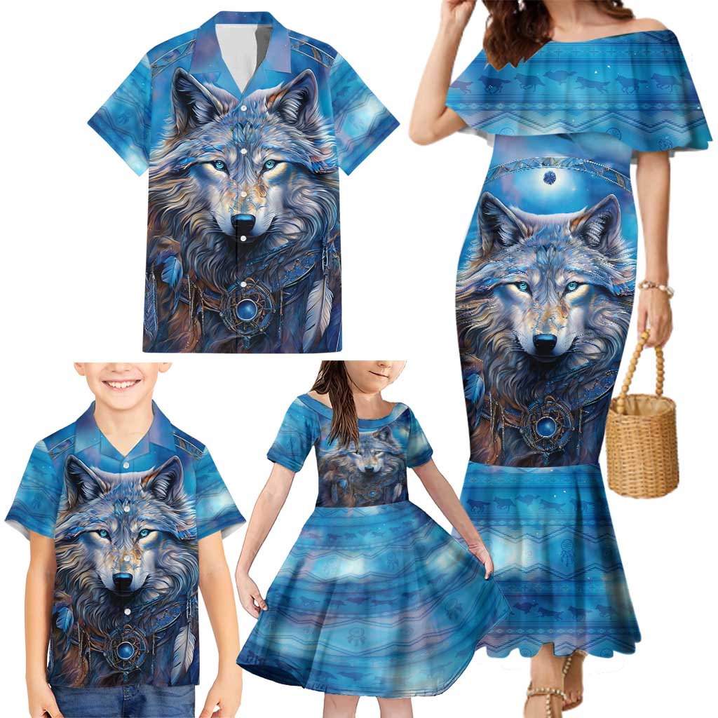 Beautiful Native American Wolf Family Matching Mermaid Dress and Hawaiian Shirt Galaxy Art - Wonder Print Shop