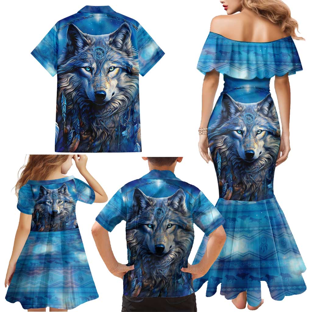 Beautiful Native American Wolf Family Matching Mermaid Dress and Hawaiian Shirt Galaxy Art - Wonder Print Shop