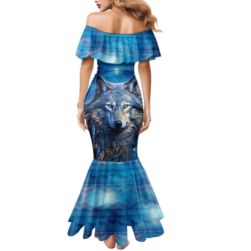 Beautiful Native American Wolf Family Matching Mermaid Dress and Hawaiian Shirt Galaxy Art - Wonder Print Shop