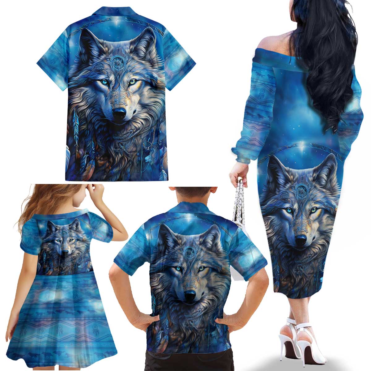 Beautiful Native American Wolf Family Matching Off The Shoulder Long Sleeve Dress and Hawaiian Shirt Galaxy Art - Wonder Print Shop