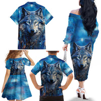 Beautiful Native American Wolf Family Matching Off The Shoulder Long Sleeve Dress and Hawaiian Shirt Galaxy Art - Wonder Print Shop
