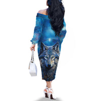 Beautiful Native American Wolf Family Matching Off The Shoulder Long Sleeve Dress and Hawaiian Shirt Galaxy Art - Wonder Print Shop