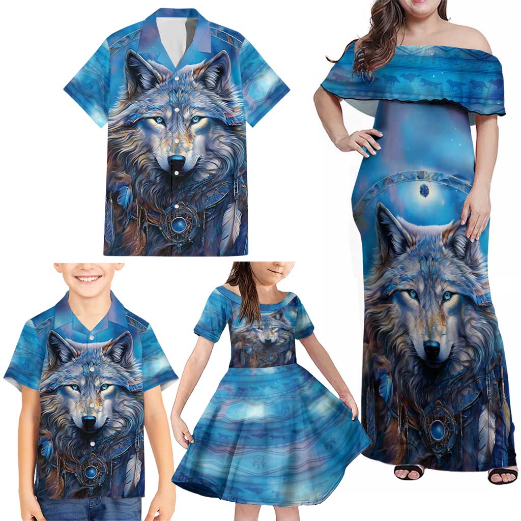Beautiful Native American Wolf Family Matching Off Shoulder Maxi Dress and Hawaiian Shirt Galaxy Art - Wonder Print Shop