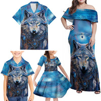 Beautiful Native American Wolf Family Matching Off Shoulder Maxi Dress and Hawaiian Shirt Galaxy Art - Wonder Print Shop
