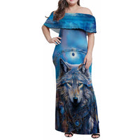 Beautiful Native American Wolf Family Matching Off Shoulder Maxi Dress and Hawaiian Shirt Galaxy Art - Wonder Print Shop