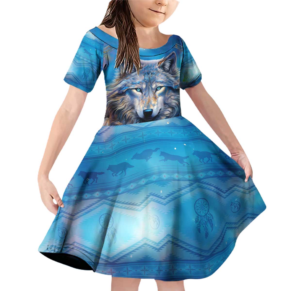 Beautiful Native American Wolf Family Matching Off Shoulder Short Dress and Hawaiian Shirt Galaxy Art - Wonder Print Shop