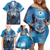 Beautiful Native American Wolf Family Matching Off Shoulder Short Dress and Hawaiian Shirt Galaxy Art - Wonder Print Shop