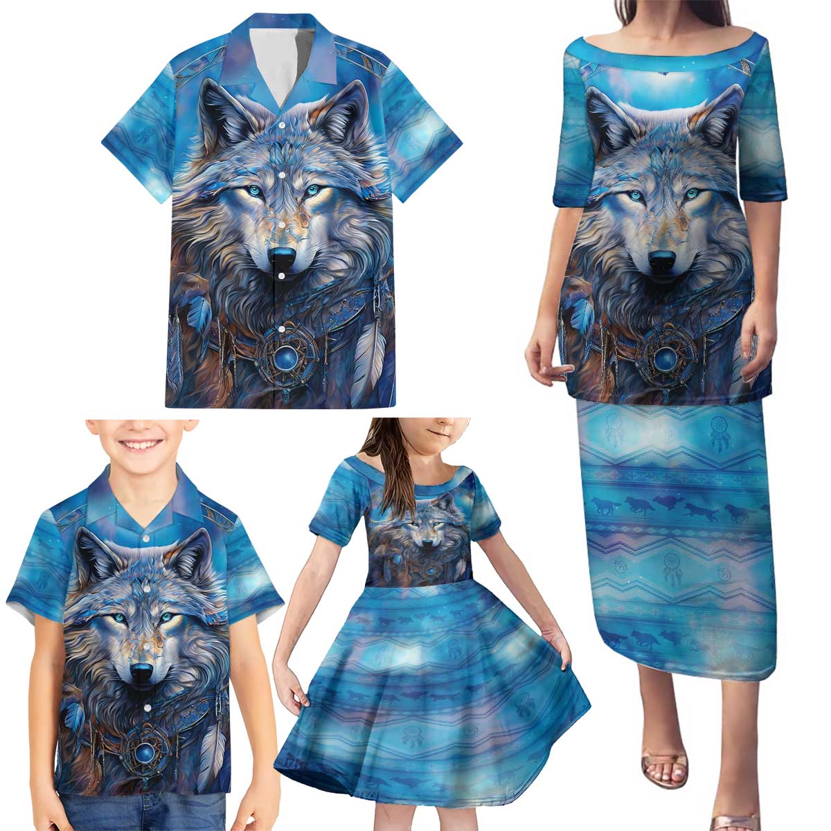 Beautiful Native American Wolf Family Matching Puletasi and Hawaiian Shirt Galaxy Art - Wonder Print Shop