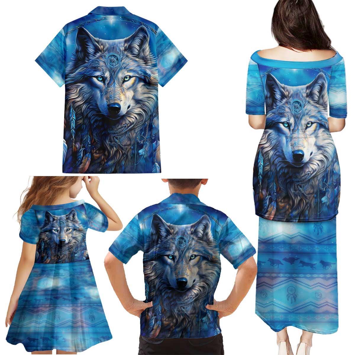Beautiful Native American Wolf Family Matching Puletasi and Hawaiian Shirt Galaxy Art - Wonder Print Shop