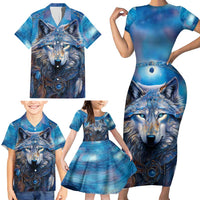 Beautiful Native American Wolf Family Matching Short Sleeve Bodycon Dress and Hawaiian Shirt Galaxy Art - Wonder Print Shop