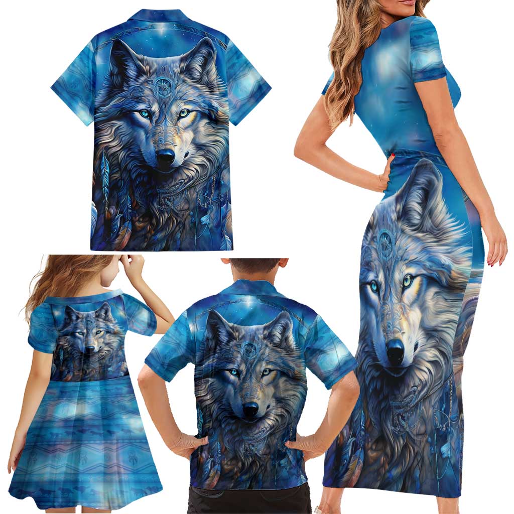 Beautiful Native American Wolf Family Matching Short Sleeve Bodycon Dress and Hawaiian Shirt Galaxy Art - Wonder Print Shop