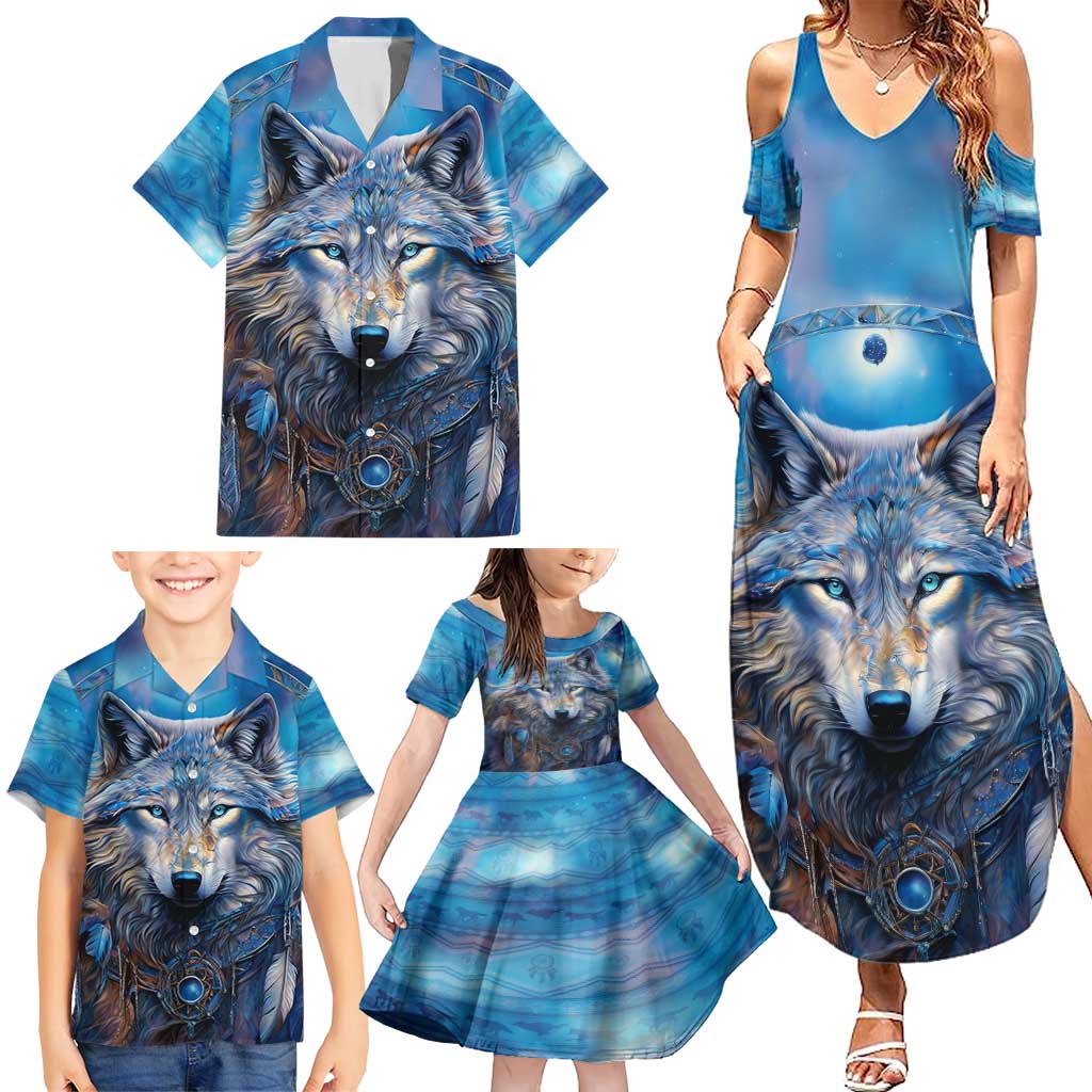 Beautiful Native American Wolf Family Matching Summer Maxi Dress and Hawaiian Shirt Galaxy Art - Wonder Print Shop