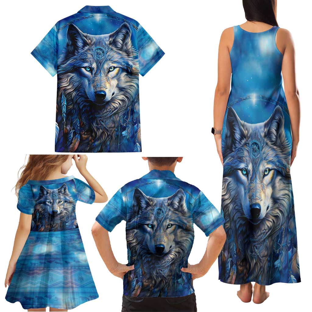 Beautiful Native American Wolf Family Matching Tank Maxi Dress and Hawaiian Shirt Galaxy Art - Wonder Print Shop