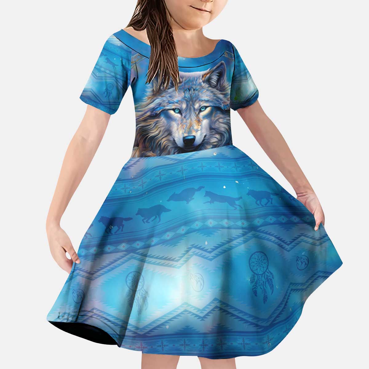 Beautiful Native American Wolf Kid Short Sleeve Dress Galaxy Art - Wonder Print Shop
