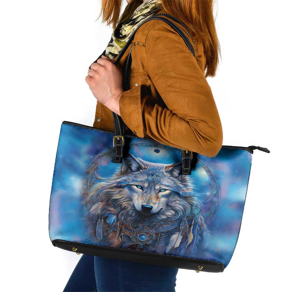 Beautiful Native American Wolf Leather Tote Bag Galaxy Art - Wonder Print Shop