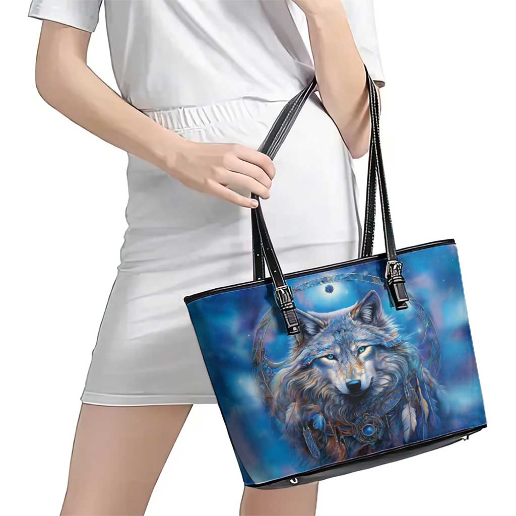 Beautiful Native American Wolf Leather Tote Bag Galaxy Art - Wonder Print Shop