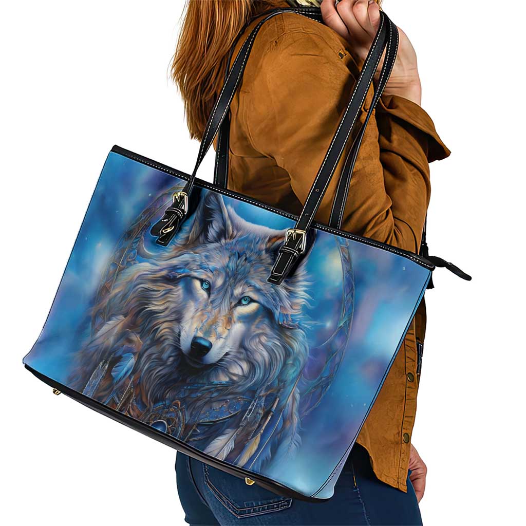 Beautiful Native American Wolf Leather Tote Bag Galaxy Art - Wonder Print Shop