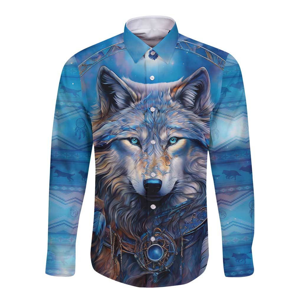 Beautiful Native American Wolf Long Sleeve Button Shirt Galaxy Art - Wonder Print Shop
