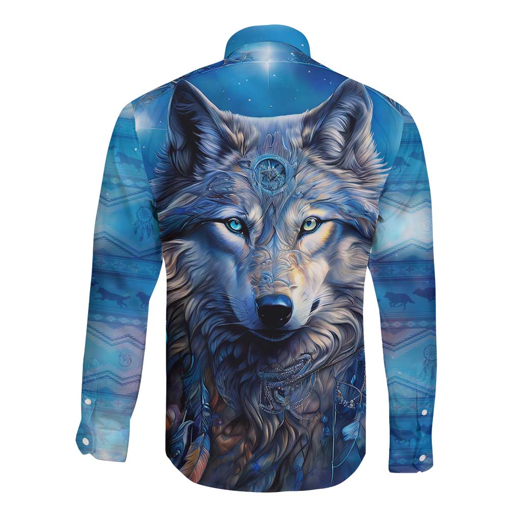 Beautiful Native American Wolf Long Sleeve Button Shirt Galaxy Art - Wonder Print Shop