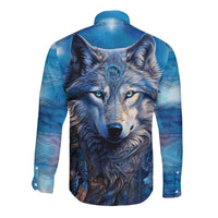 Beautiful Native American Wolf Long Sleeve Button Shirt Galaxy Art - Wonder Print Shop