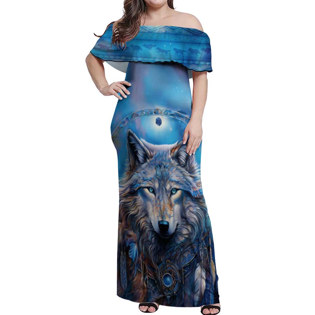 Beautiful Native American Wolf Off Shoulder Maxi Dress Galaxy Art - Wonder Print Shop