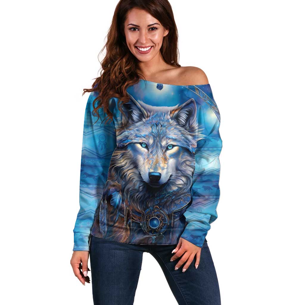 Beautiful Native American Wolf Off Shoulder Sweater Galaxy Art - Wonder Print Shop