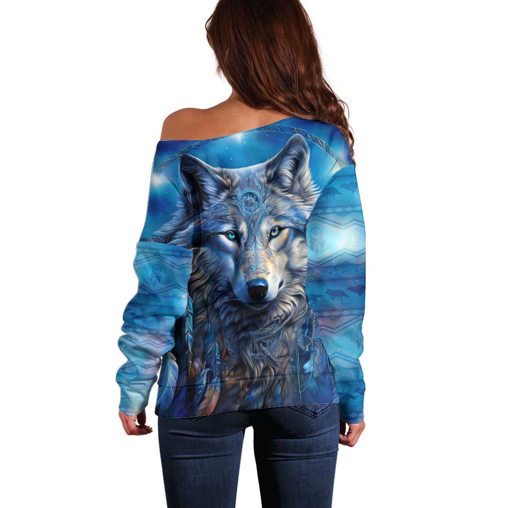 Beautiful Native American Wolf Off Shoulder Sweater Galaxy Art - Wonder Print Shop