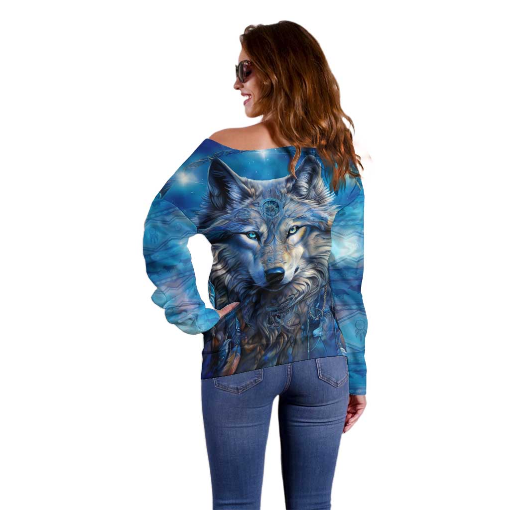 Beautiful Native American Wolf Off Shoulder Sweater Galaxy Art - Wonder Print Shop