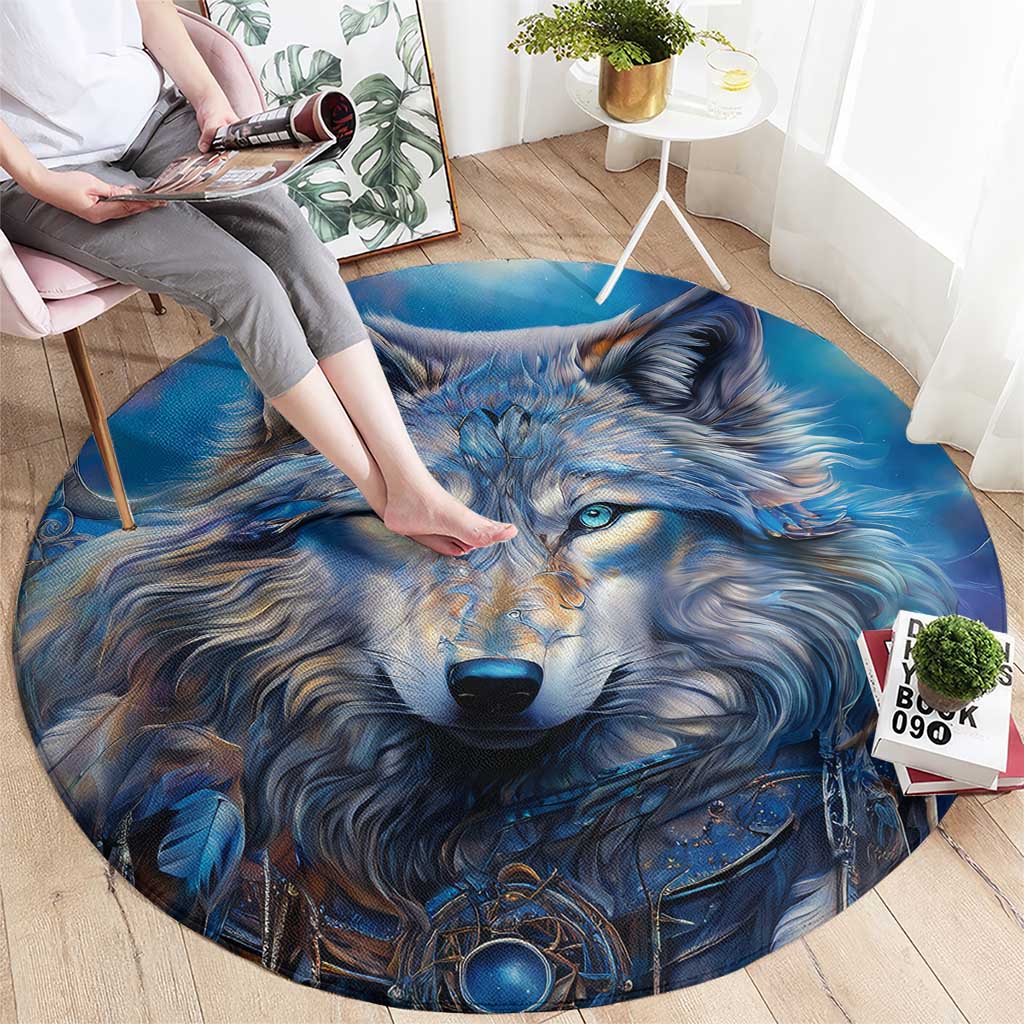 Beautiful Native American Wolf Round Carpet Galaxy Art