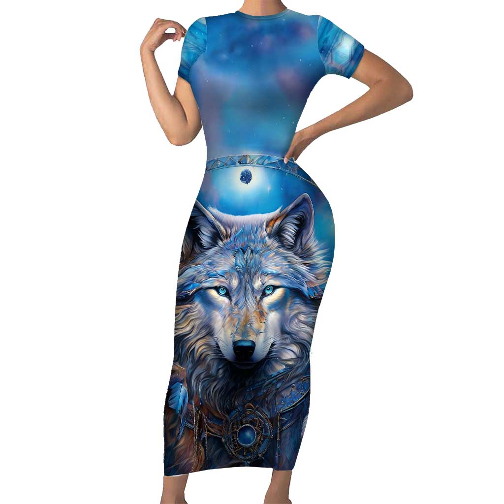 Beautiful Native American Wolf Short Sleeve Bodycon Dress Galaxy Art - Wonder Print Shop